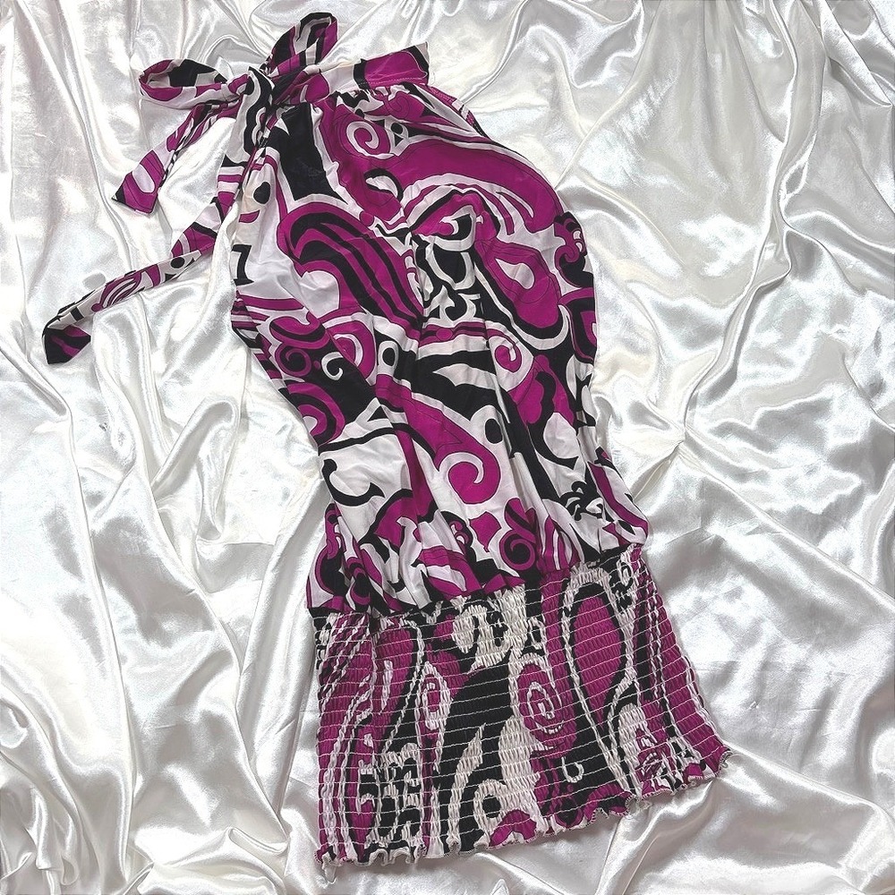 y2k Halter Top Purple Excellent Diva Blue Psychedelic Swirl Smocked Hem Large